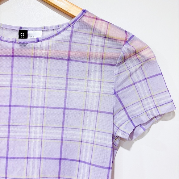 DIVIDED Purple Plaid Sheer Crop Top | Lightweight Mesh Tee * - Picture 5 of 7